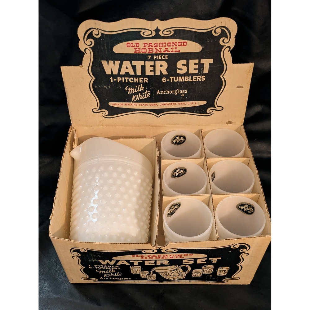 Anchor Hocking Milk White Hobnail Water Set 7 Piece Pitcher & Tumblers with Box